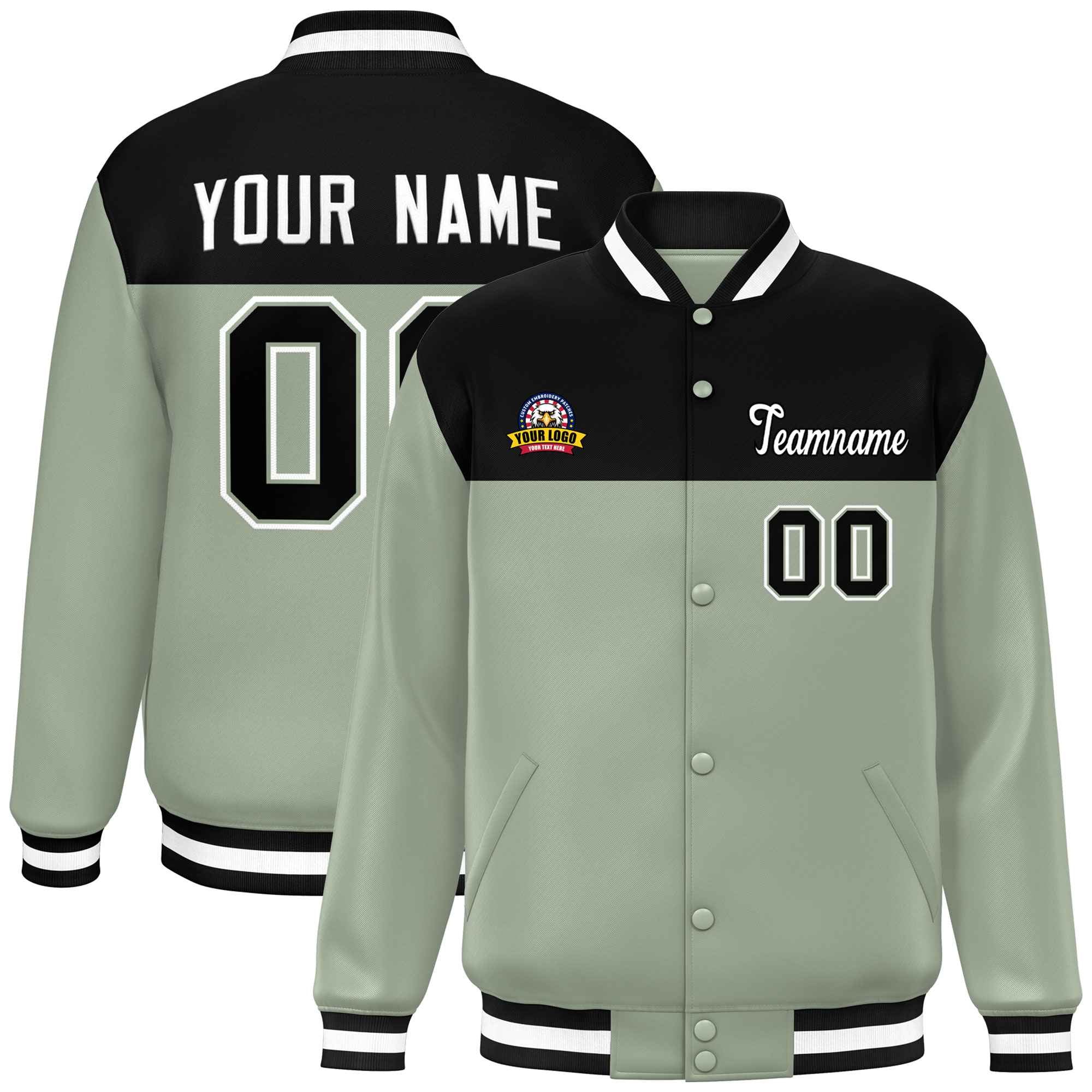 Custom Black Green-White Varsity Full-Snap Color Block Lettermen Baseball Jacket