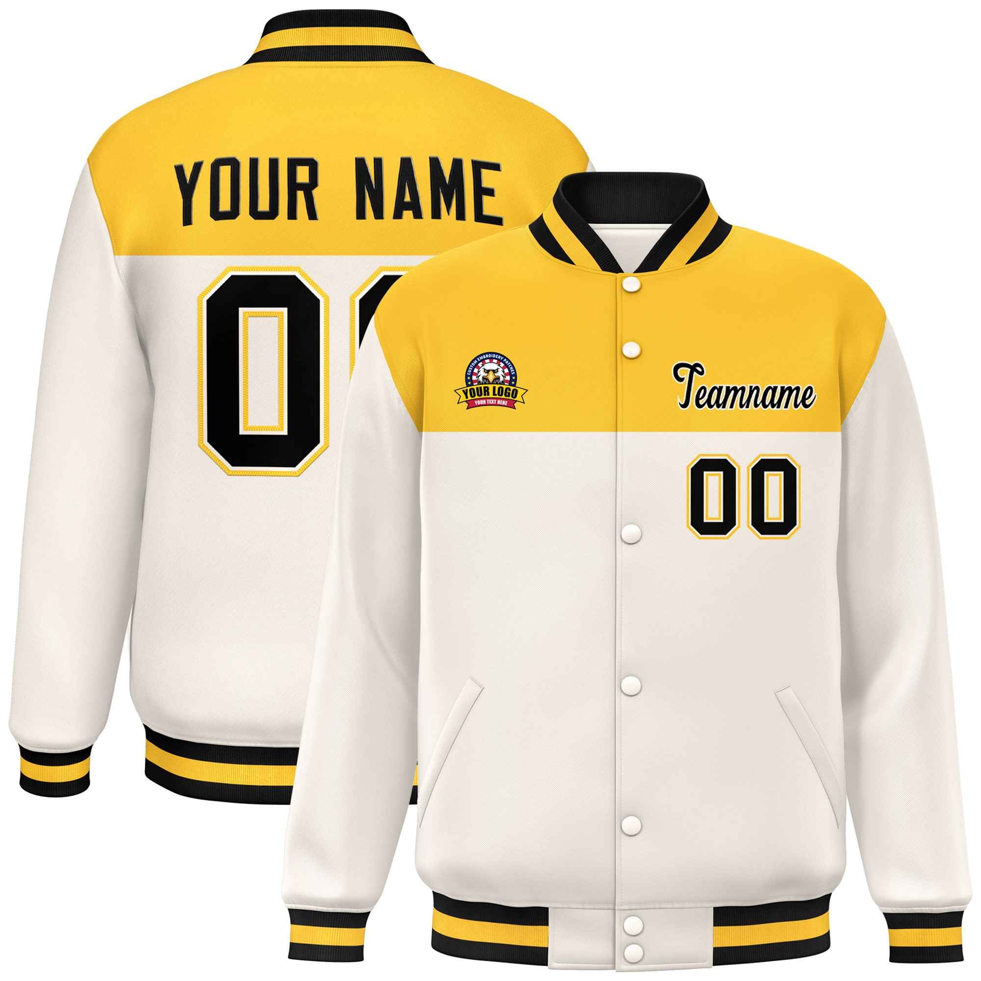 Custom Gold Cream-Black Varsity Full-Snap Color Block Lettermen Baseball Jacket