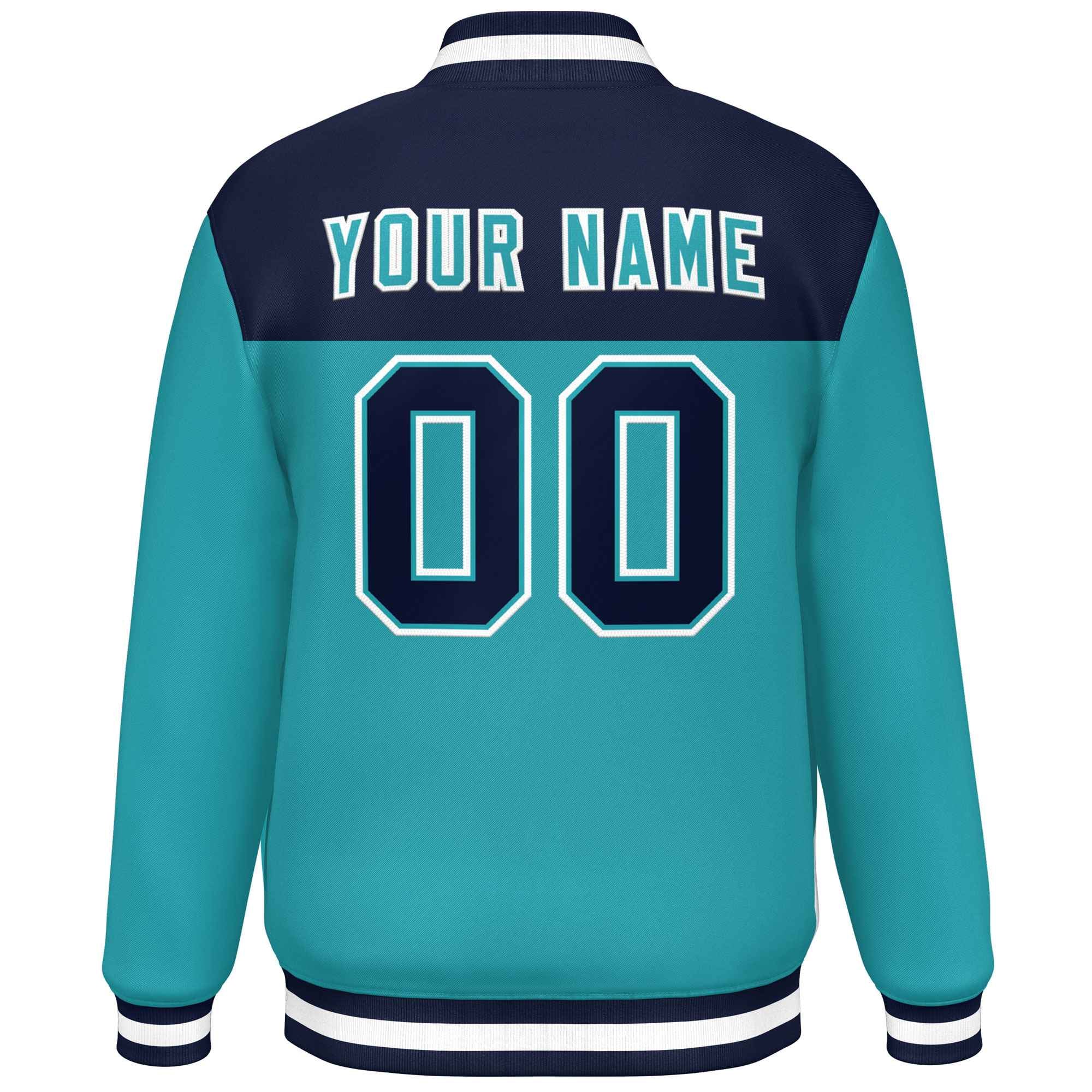 Custom Navy Aqua-White Varsity Full-Snap Color Block Lettermen Baseball Jacket