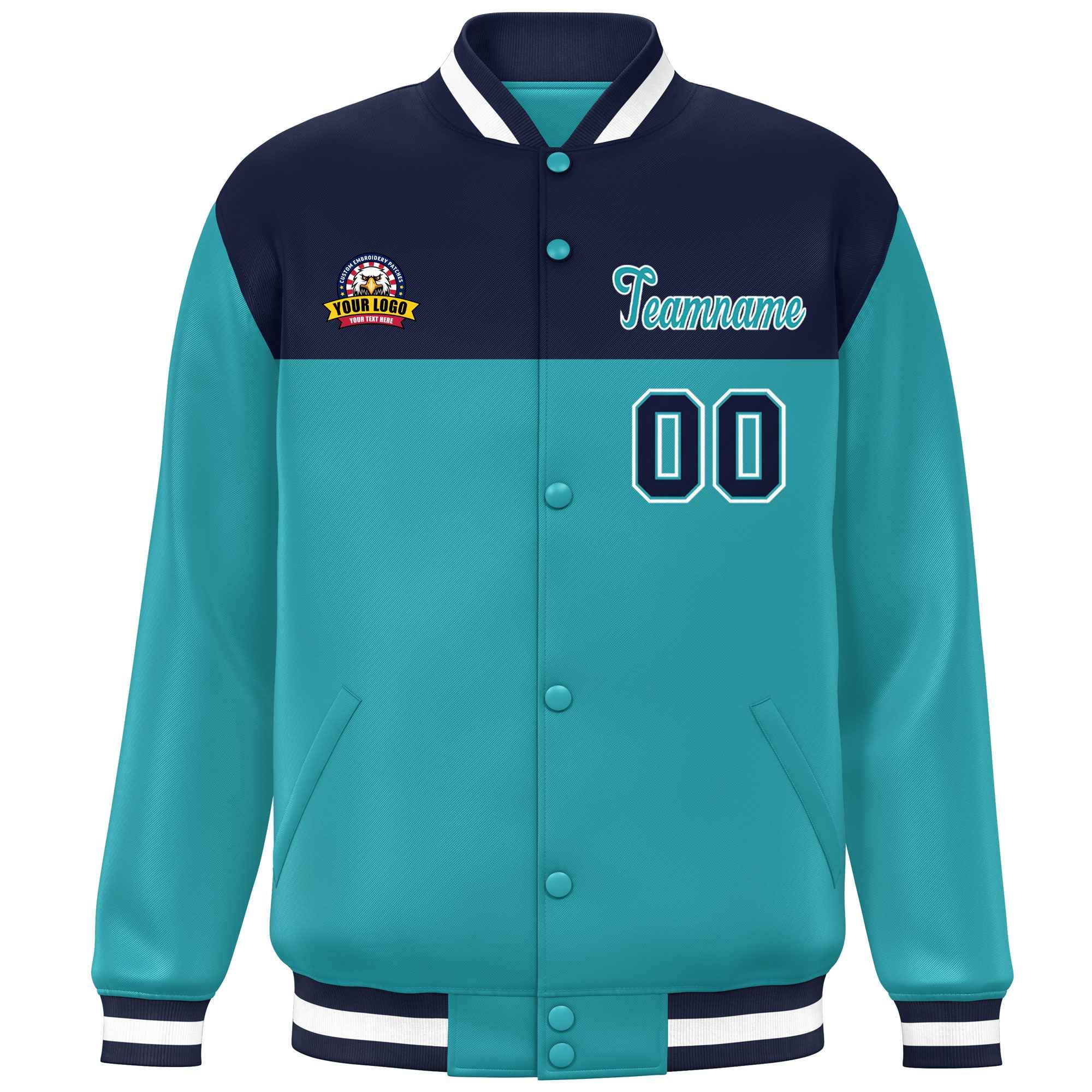 Custom Navy Aqua-White Varsity Full-Snap Color Block Lettermen Baseball Jacket