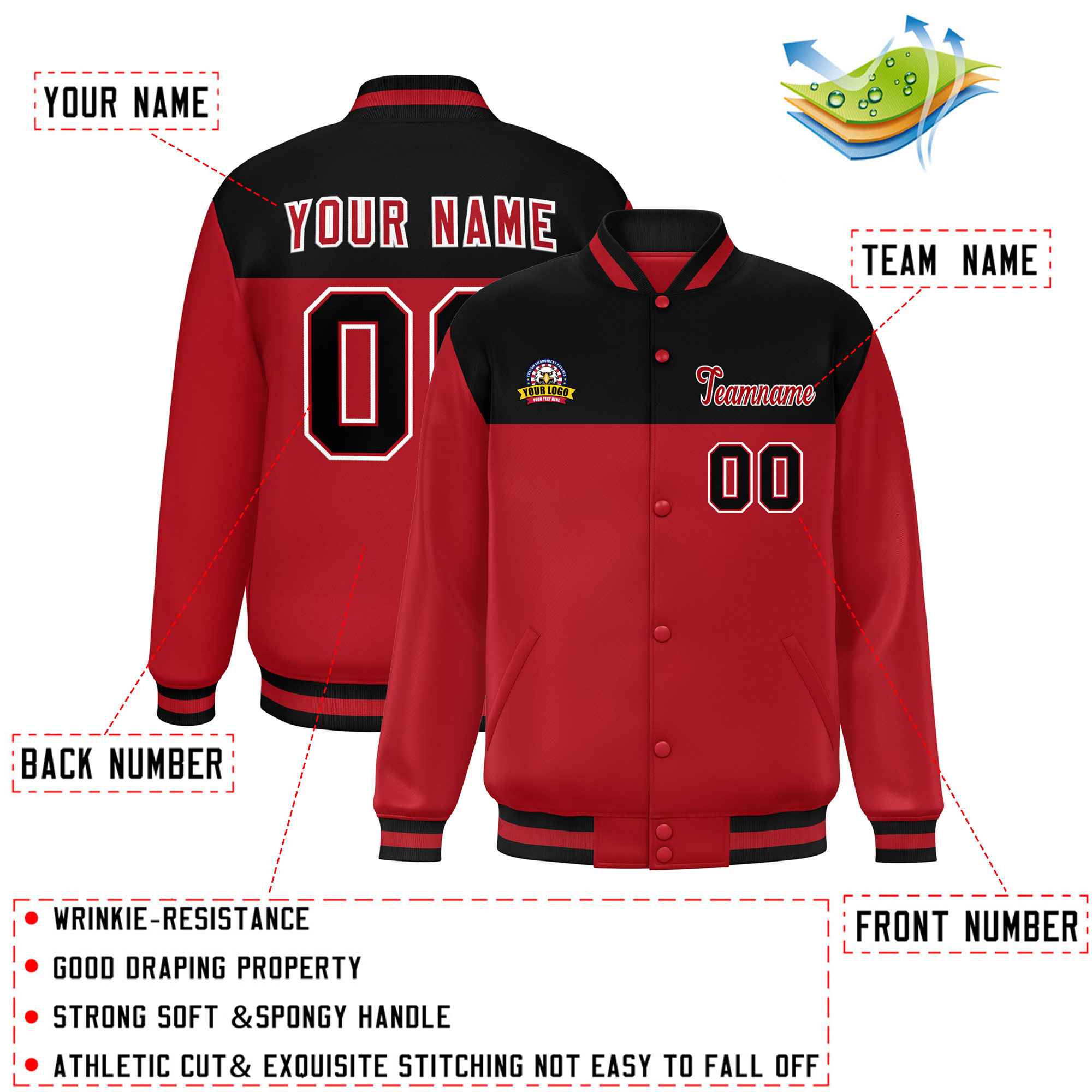 Custom Black Red-White Varsity Full-Snap Color Block Lettermen Baseball Jacket