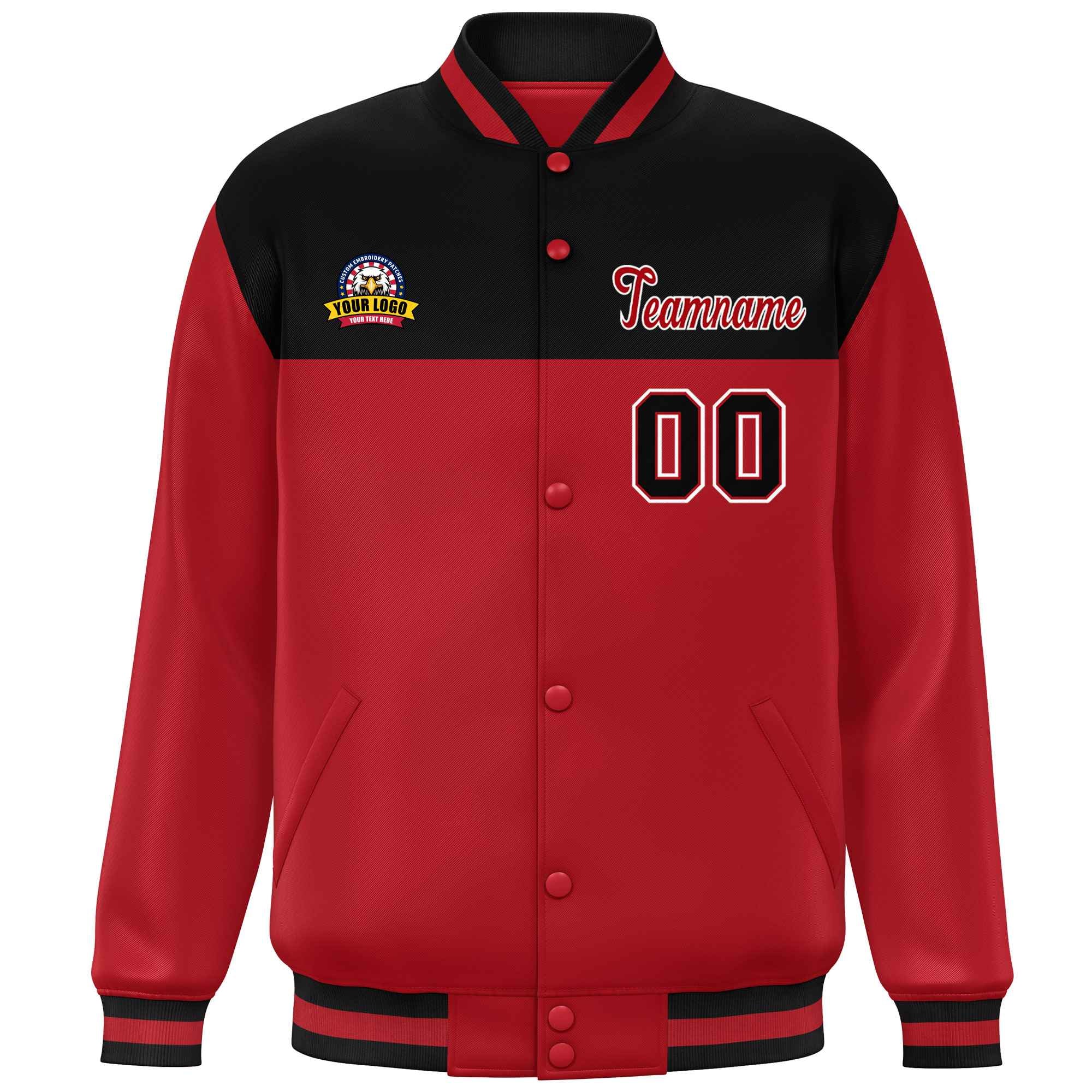 Custom Black Red-White Varsity Full-Snap Color Block Lettermen Baseball Jacket