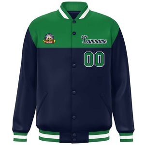 Custom Kelly Green Navy-White Varsity Full-Snap Color Block Lettermen Baseball Jacket