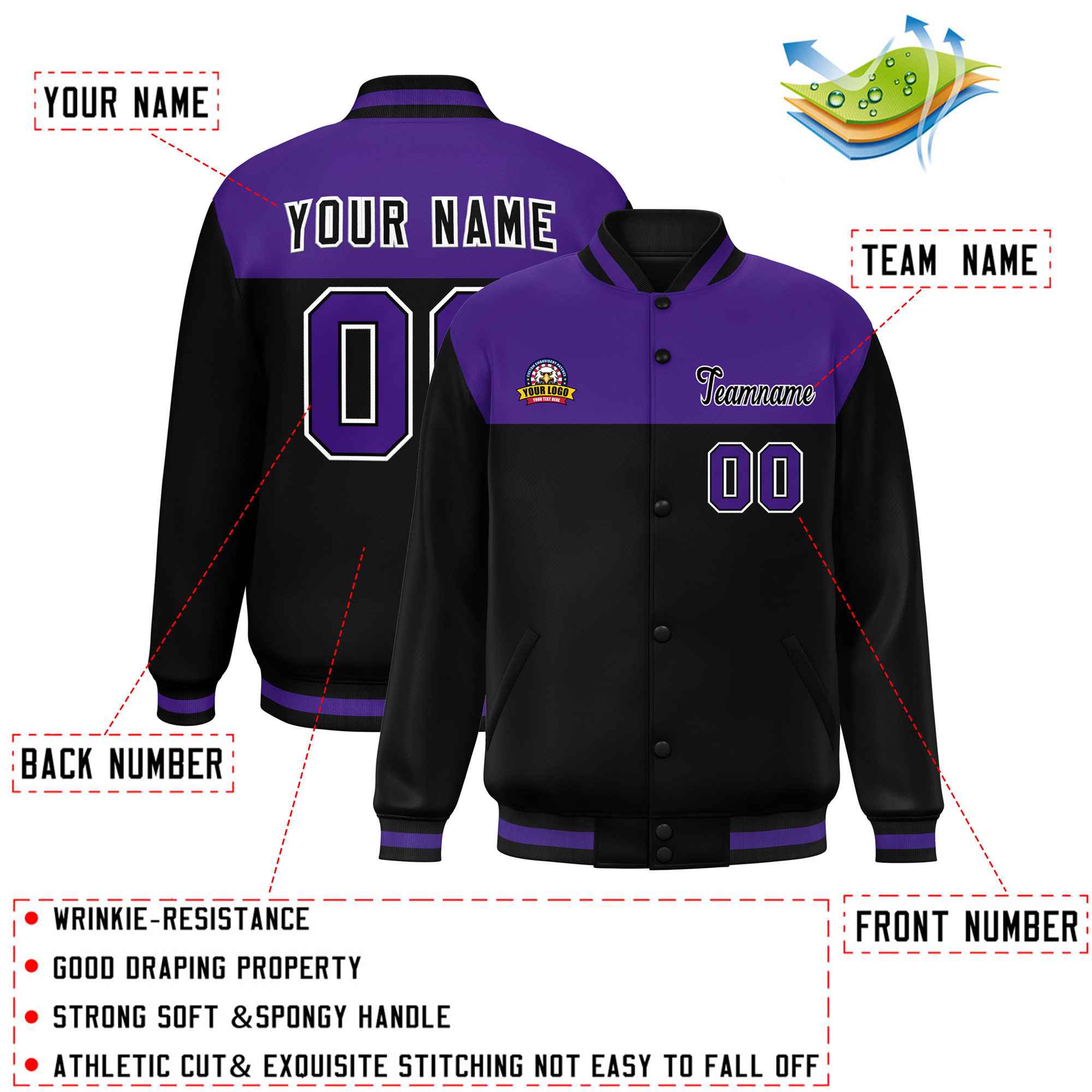 Custom Purple Black-White Varsity Full-Snap Color Block Lettermen Baseball Jacket
