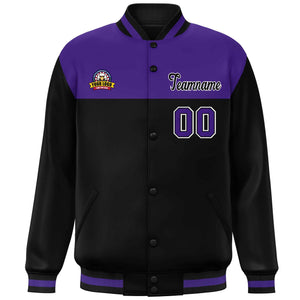 Custom Purple Black-White Varsity Full-Snap Color Block Lettermen Baseball Jacket