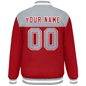 Custom Gray Red-White Varsity Full-Snap Color Block Lettermen Baseball Jacket