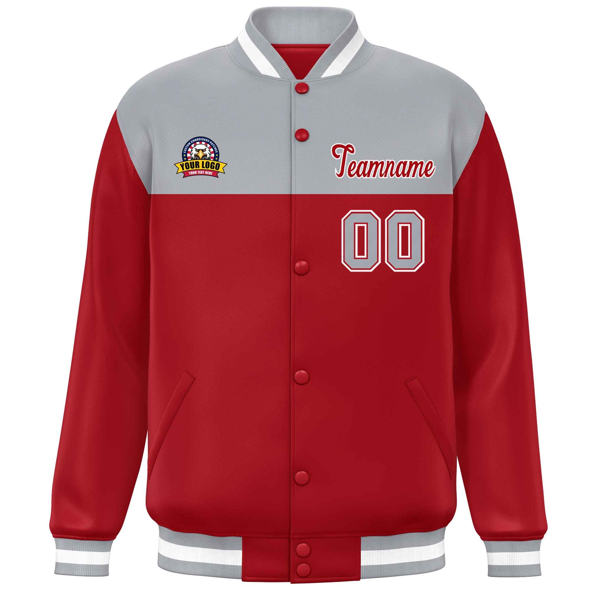 Custom Gray Red-White Varsity Full-Snap Color Block Lettermen Baseball Jacket