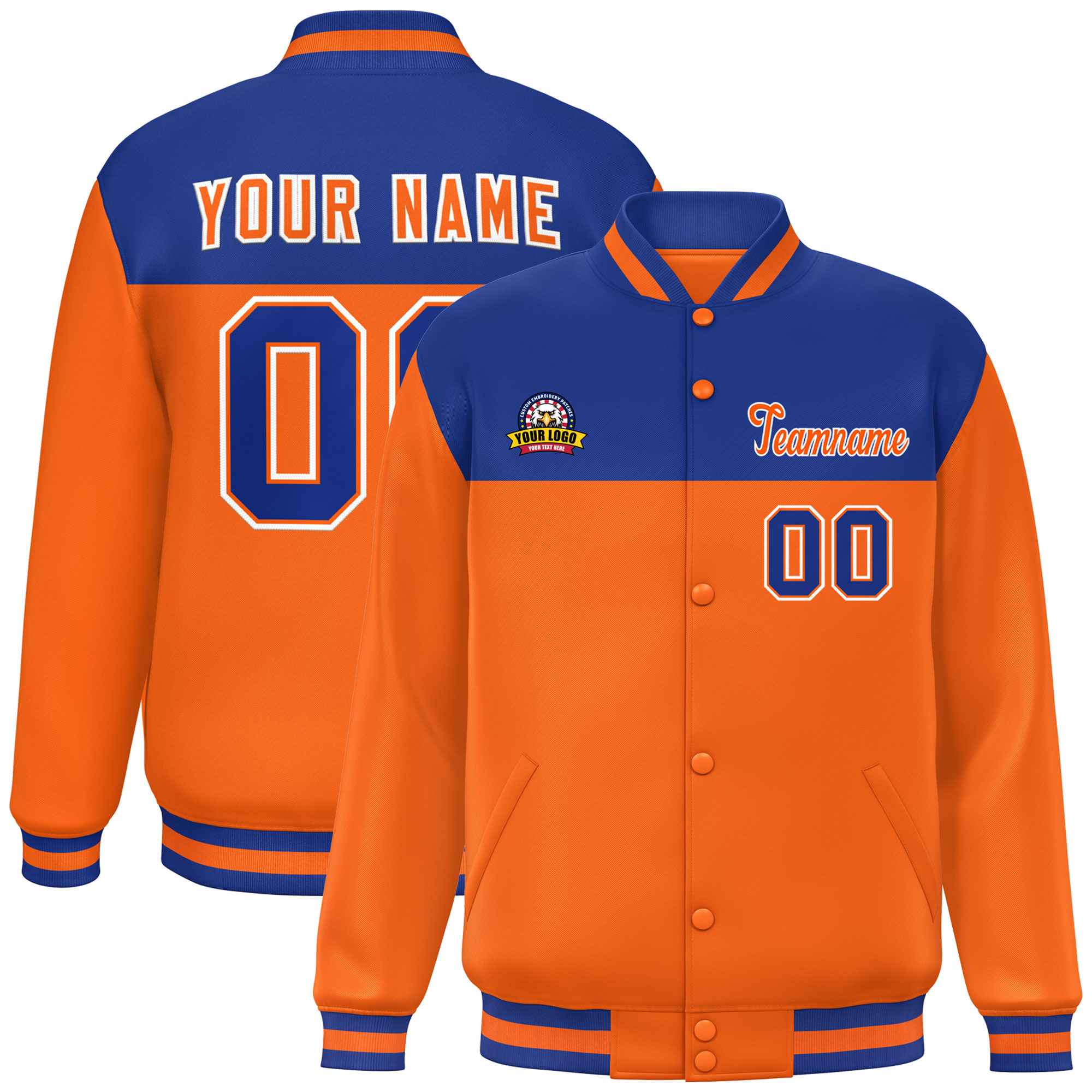 Custom Royal Orange-White Varsity Full-Snap Color Block Lettermen Baseball Jacket