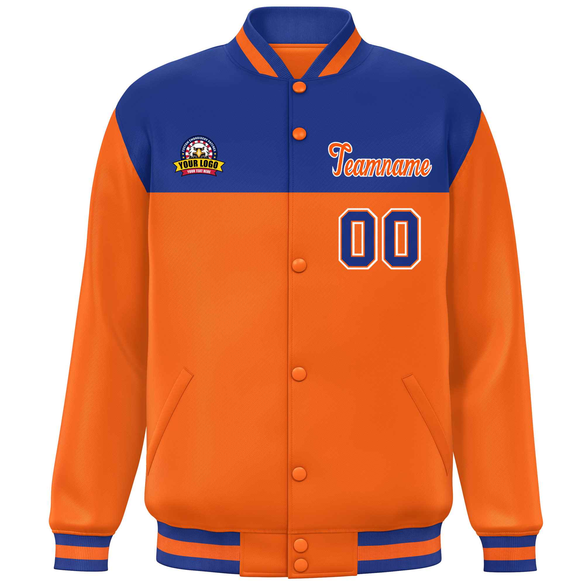 Custom Royal Orange-White Varsity Full-Snap Color Block Lettermen Baseball Jacket