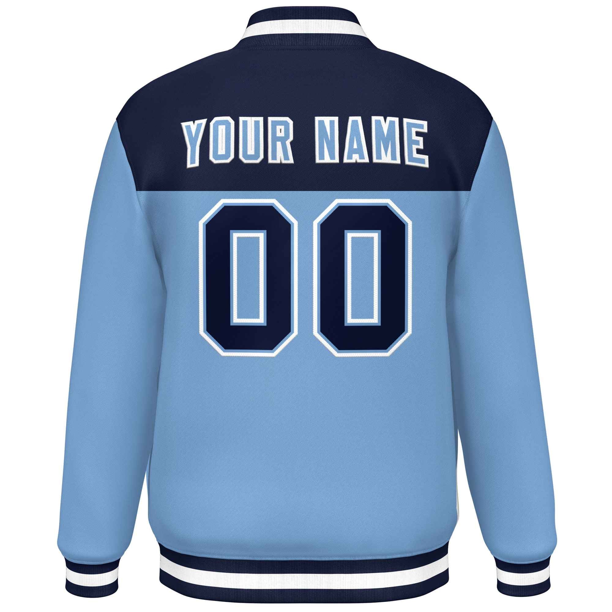 Custom Navy Light Blue-White Varsity Full-Snap Color Block Lettermen Baseball Jacket