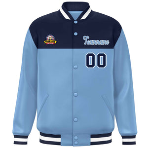 Custom Navy Light Blue-White Varsity Full-Snap Color Block Lettermen Baseball Jacket