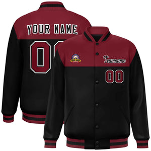 Custom Crimson Black-White Varsity Full-Snap Color Block Lettermen Baseball Jacket