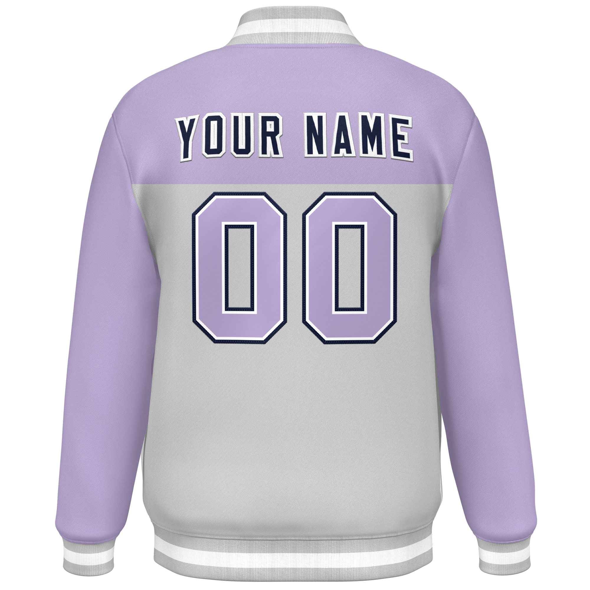 Custom Light Purple Gray-Navy Varsity Full-Snap Color Block Lettermen Baseball Jacket