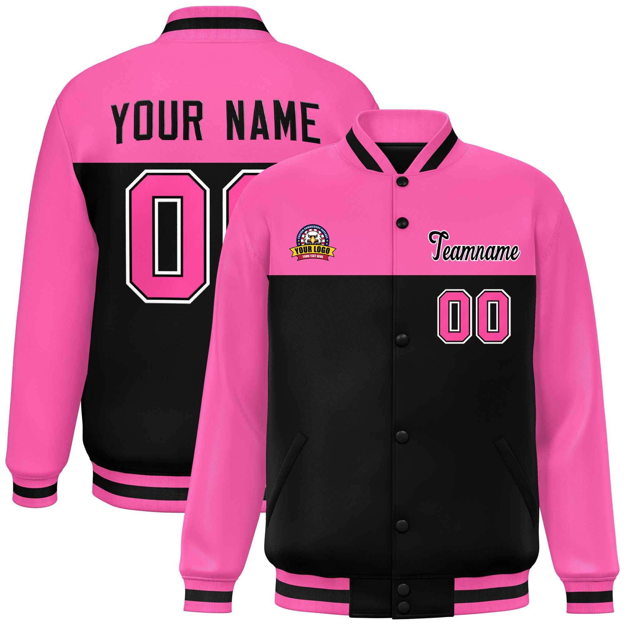 Custom Rose Red Black-White Varsity Full-Snap Color Block Lettermen Baseball Jacket