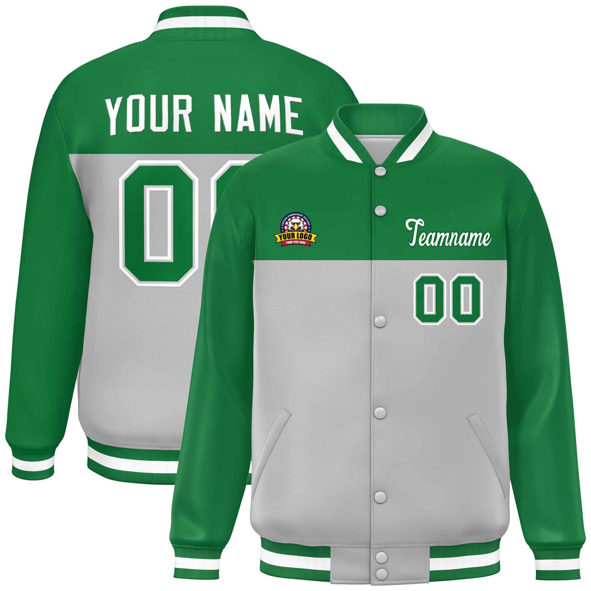 Custom Kelly Green Gray-White Varsity Full-Snap Color Block Lettermen Baseball Jacket