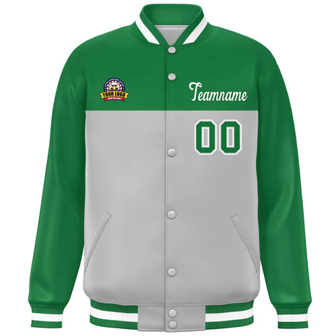 Custom Kelly Green Gray-White Varsity Full-Snap Color Block Lettermen Baseball Jacket