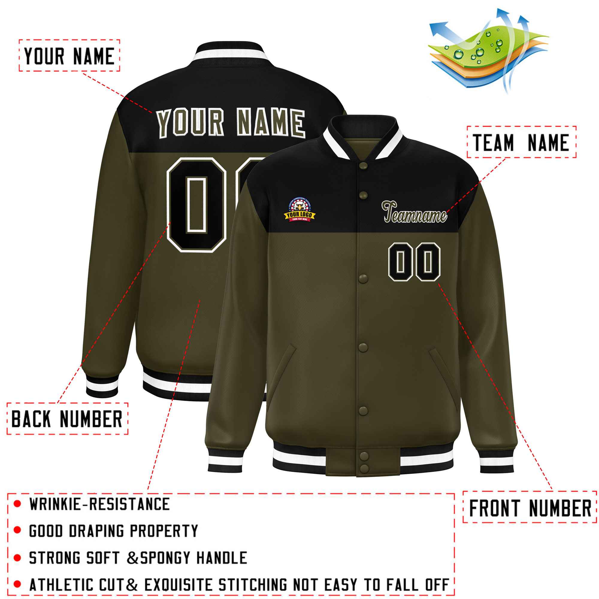 Custom Black Olive-White Varsity Full-Snap Color Block Lettermen Baseball Jacket