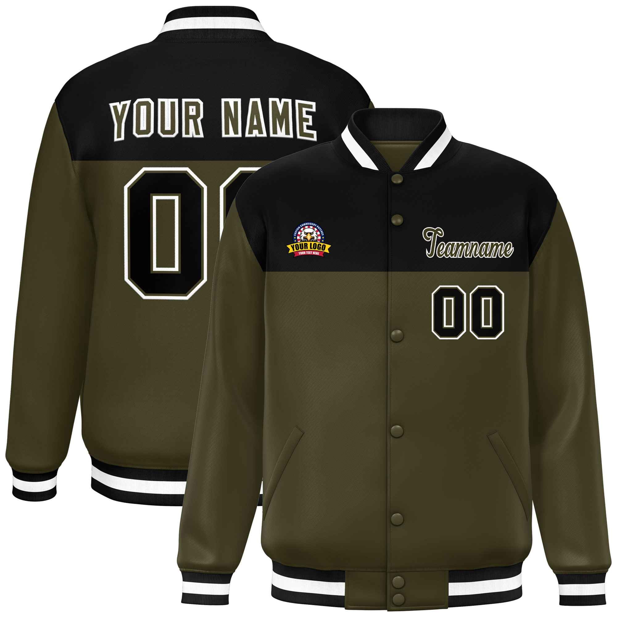 Custom Black Olive-White Varsity Full-Snap Color Block Lettermen Baseball Jacket