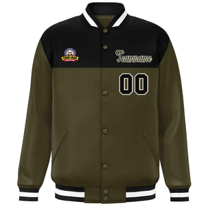 Custom Black Olive-White Varsity Full-Snap Color Block Lettermen Baseball Jacket