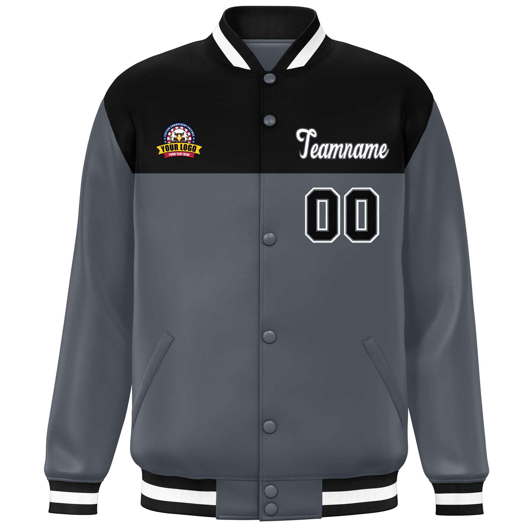 Custom Black Dark Gray-White Varsity Full-Snap Color Block Lettermen Baseball Jacket