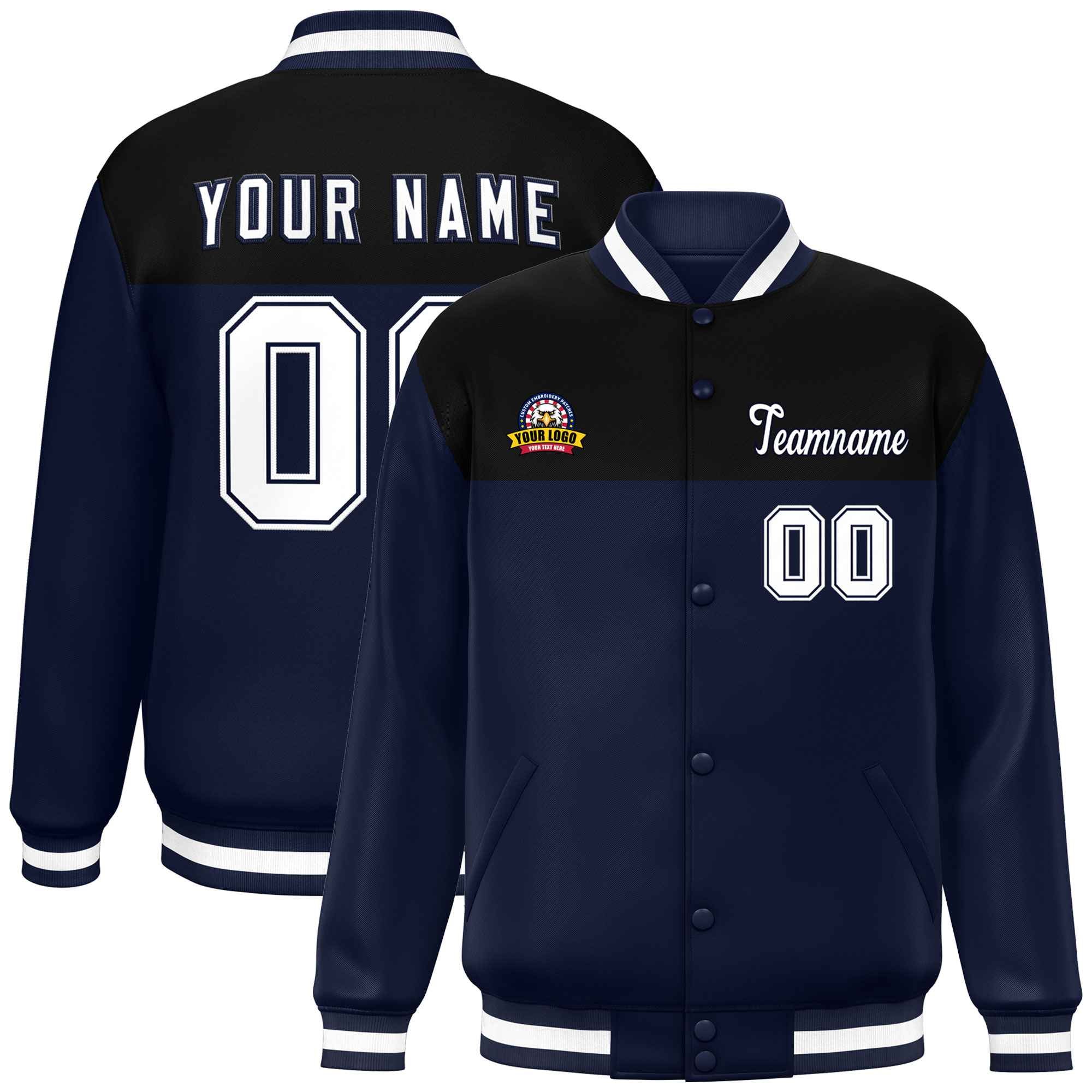 Custom Black Navy-White Varsity Full-Snap Color Block Lettermen Baseball Jacket