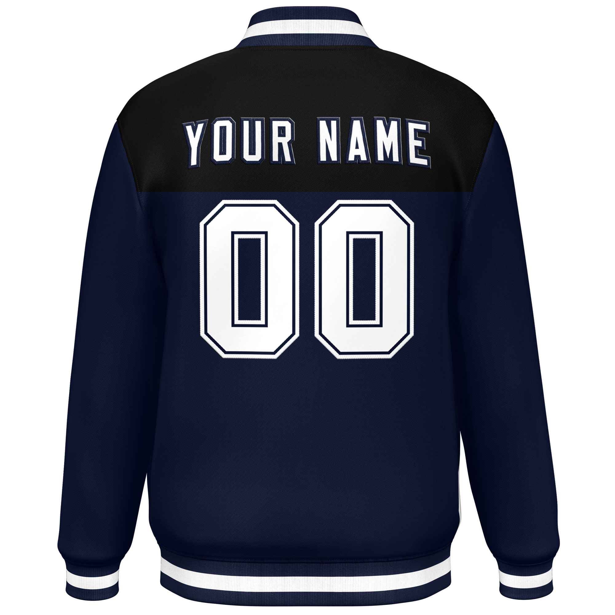 Custom Black Navy-White Varsity Full-Snap Color Block Lettermen Baseball Jacket