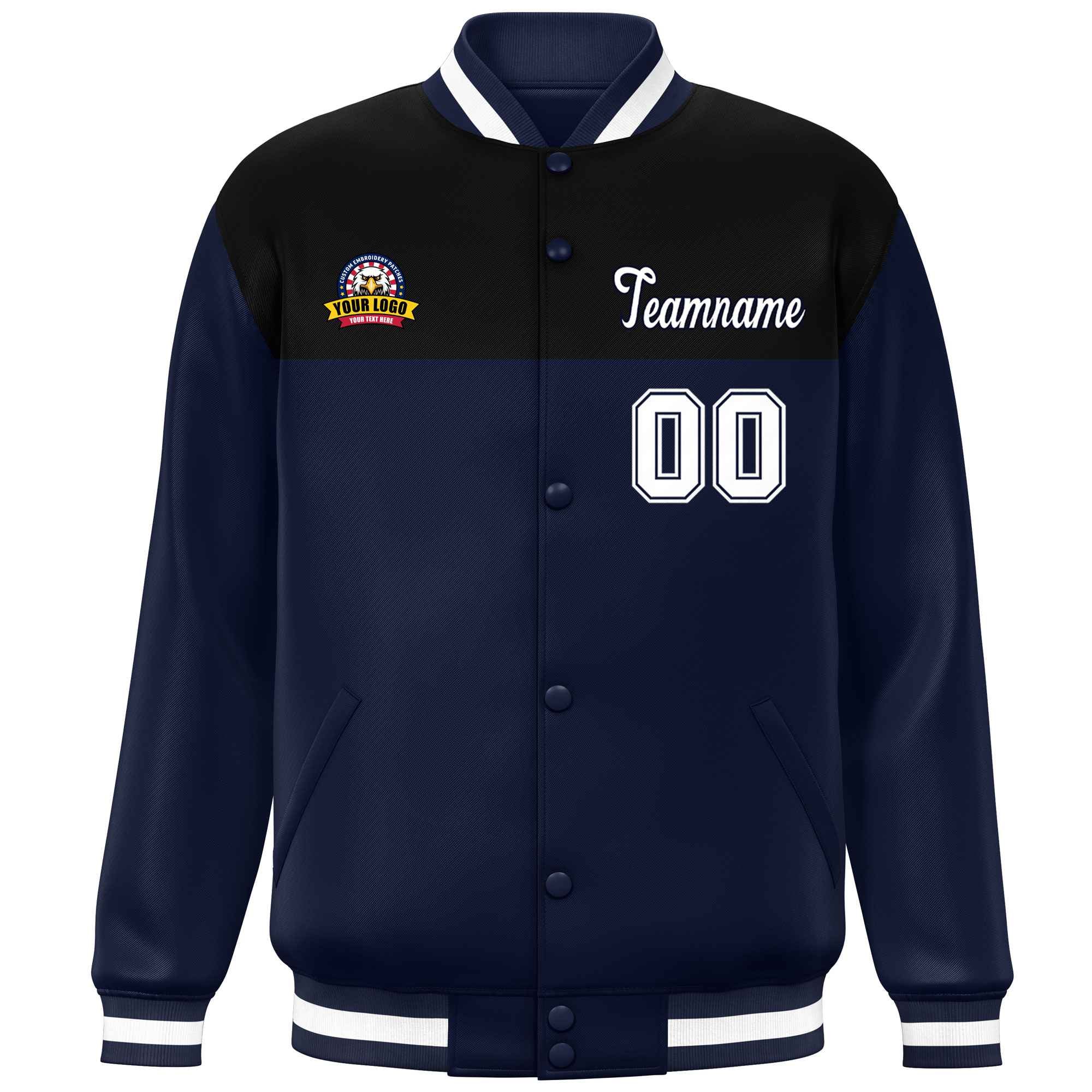 Custom Black Navy-White Varsity Full-Snap Color Block Lettermen Baseball Jacket