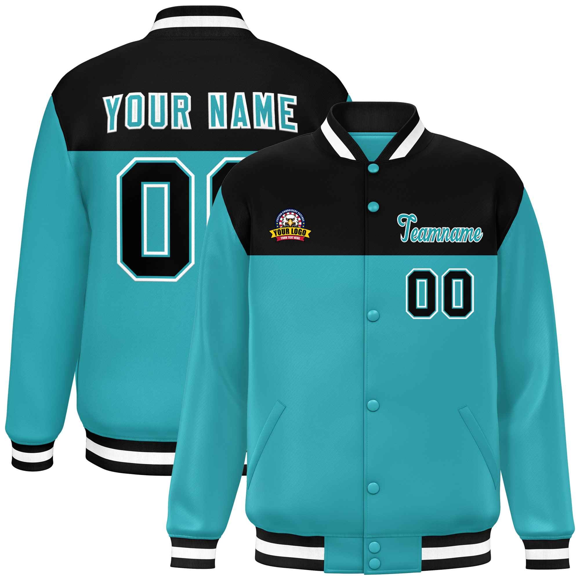 Custom Black Aqua-White Varsity Full-Snap Color Block Lettermen Baseball Jacket