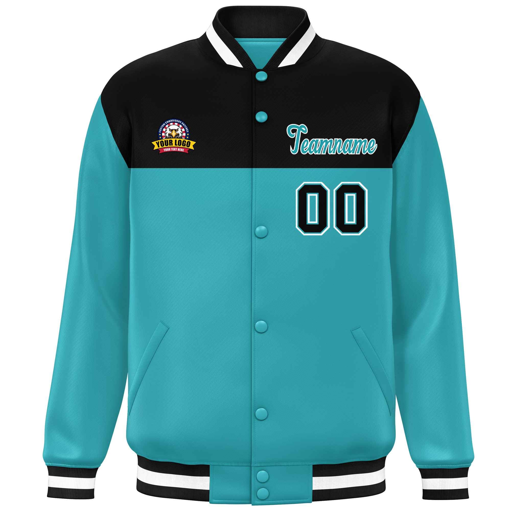 Custom Black Aqua-White Varsity Full-Snap Color Block Lettermen Baseball Jacket