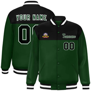 Custom Black Green-White Varsity Full-Snap Color Block Lettermen Baseball Jacket