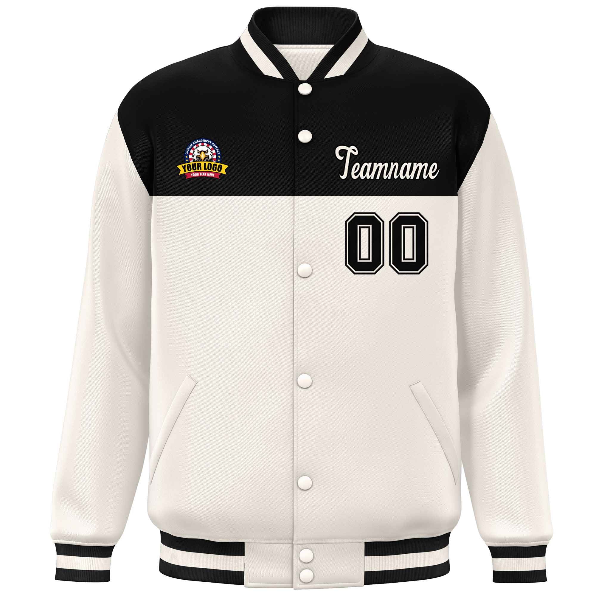 Custom Black Cream Varsity Full-Snap Color Block Lettermen Baseball Jacket