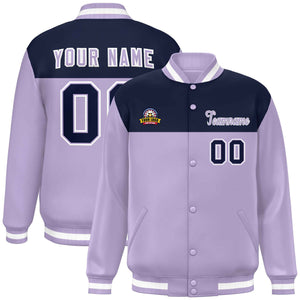 Custom Navy Light Purple-White Varsity Full-Snap Color Block Lettermen Baseball Jacket