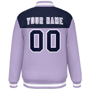 Custom Navy Light Purple-White Varsity Full-Snap Color Block Lettermen Baseball Jacket