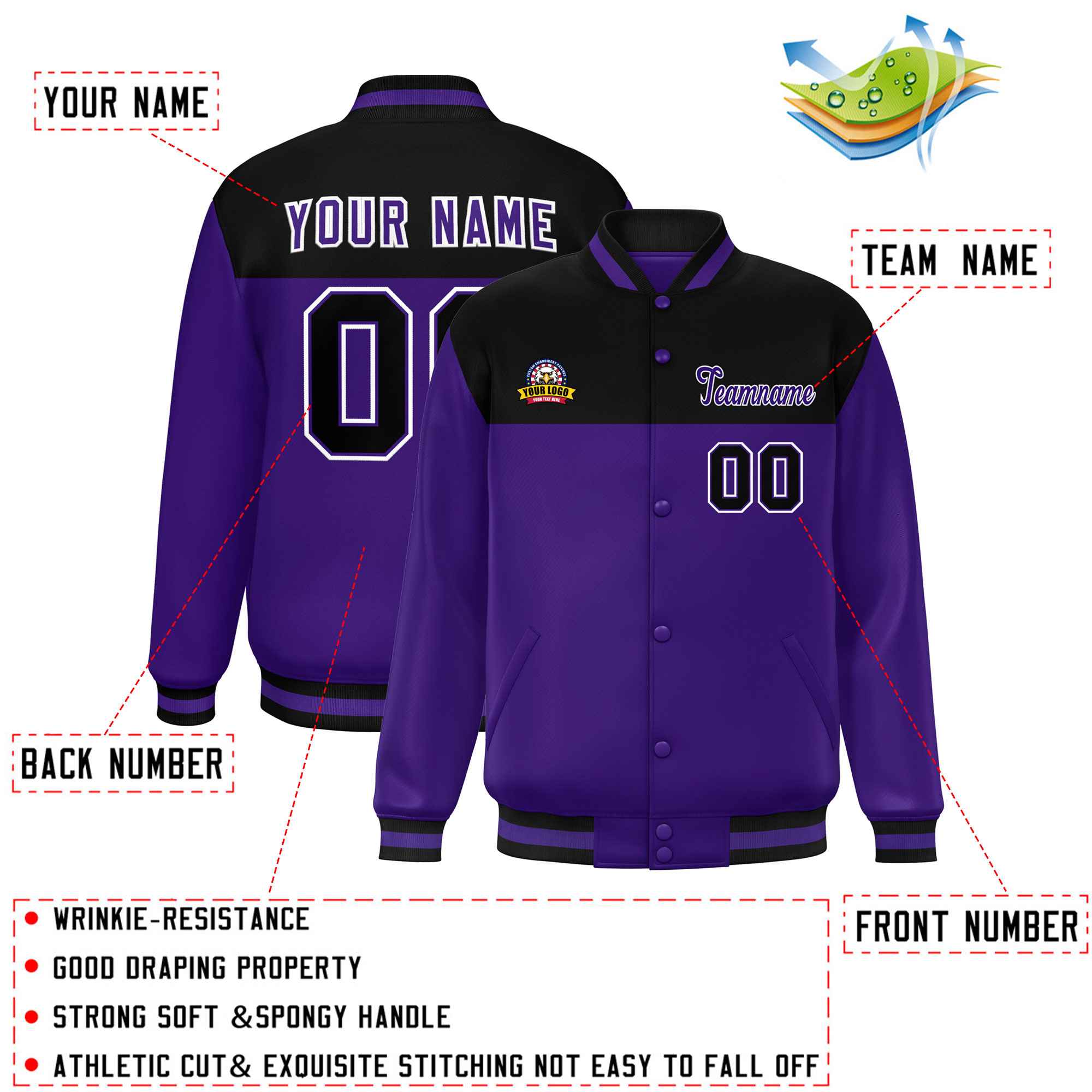 Custom Black Purple-White Varsity Full-Snap Color Block Lettermen Baseball Jacket