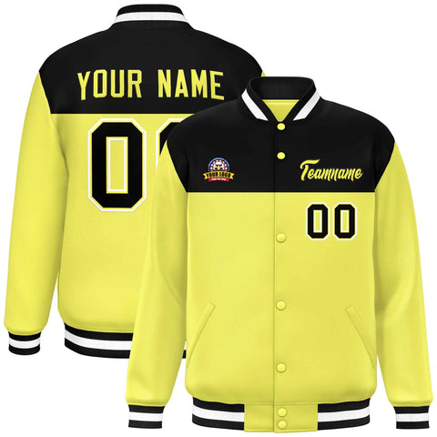 Custom Black Yellow-White Varsity Full-Snap Color Block Lettermen Baseball Jacket