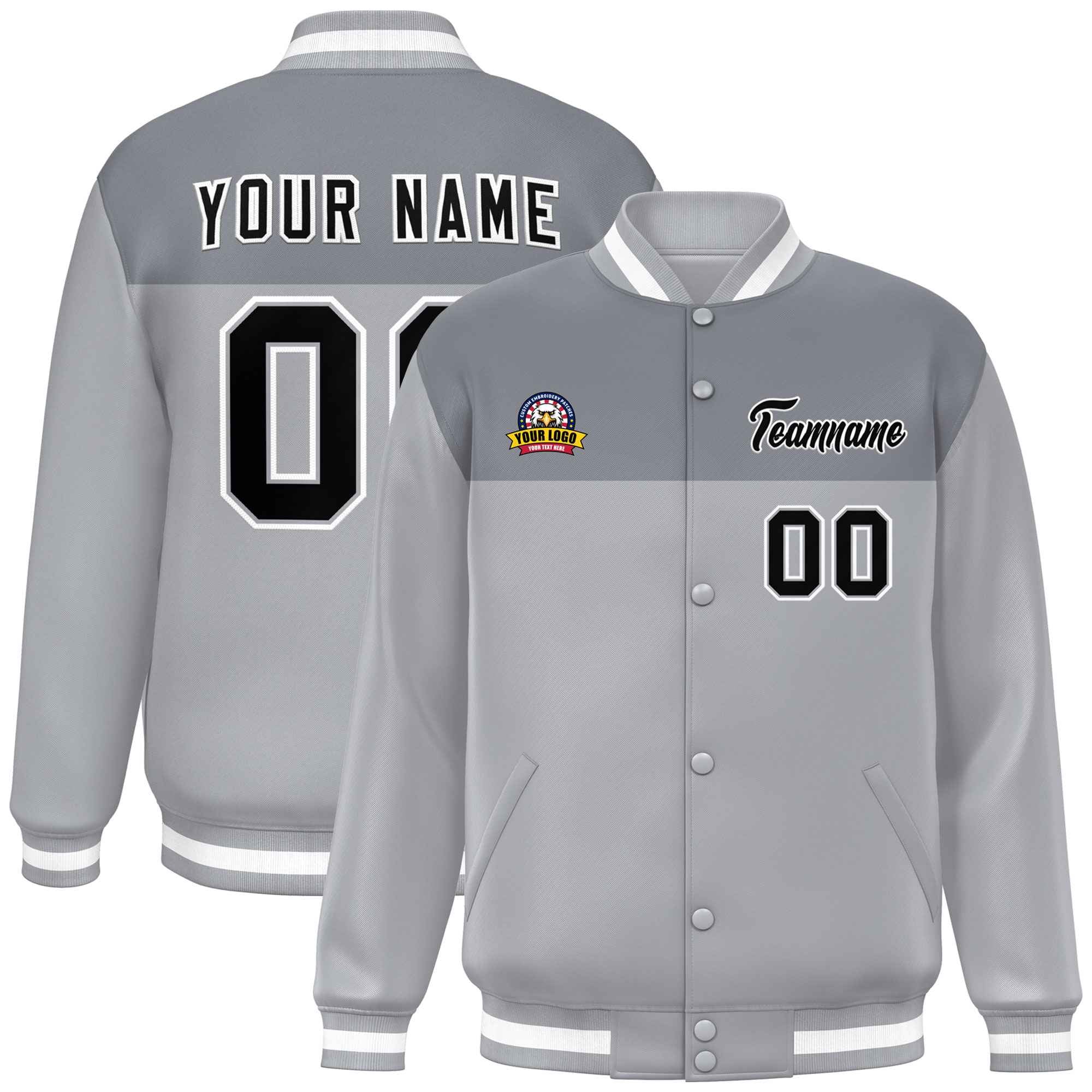 Custom Dark Gray Gray-White Varsity Full-Snap Color Block Lettermen Baseball Jacket