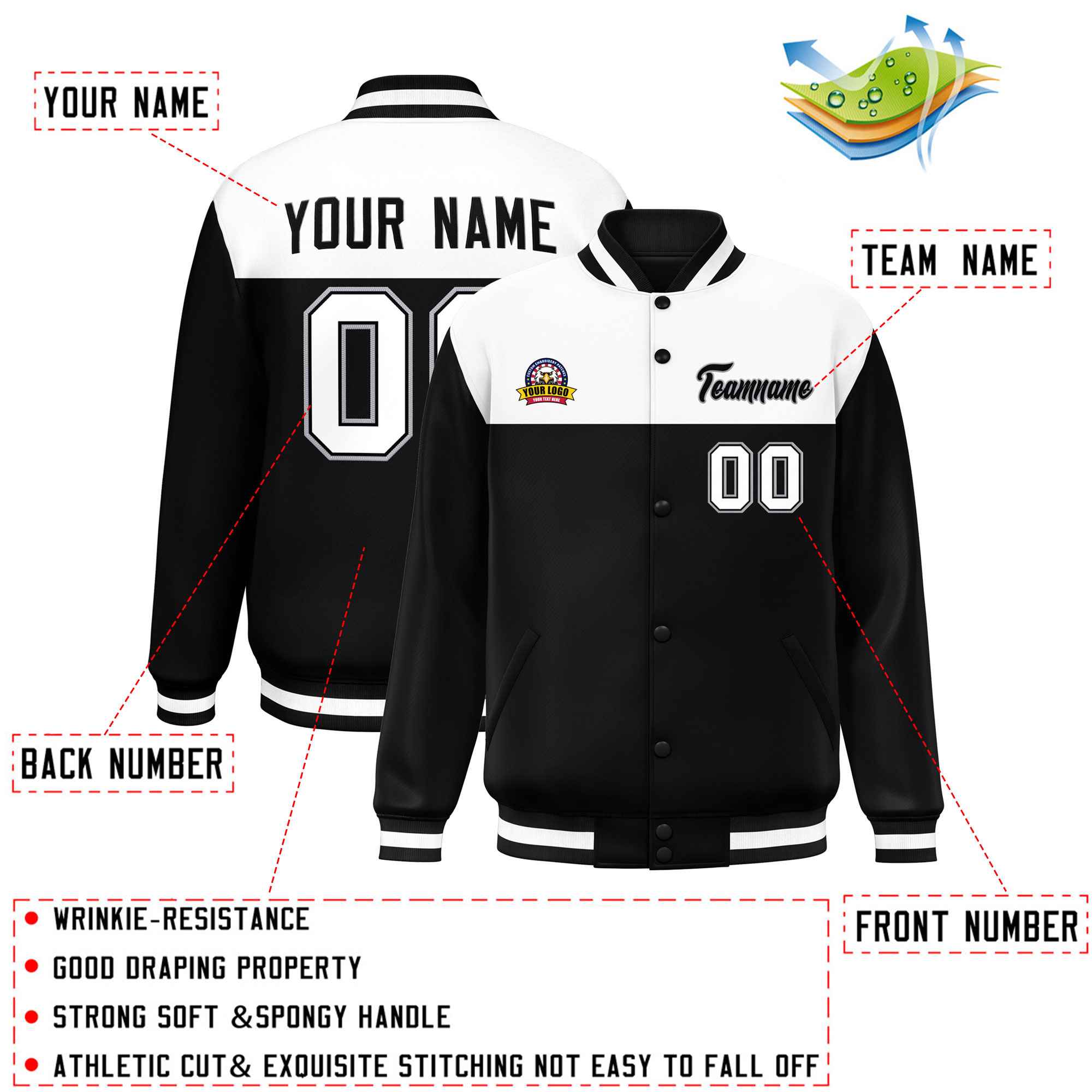 Custom White Black-Gray Varsity Full-Snap Color Block Lettermen Baseball Jacket