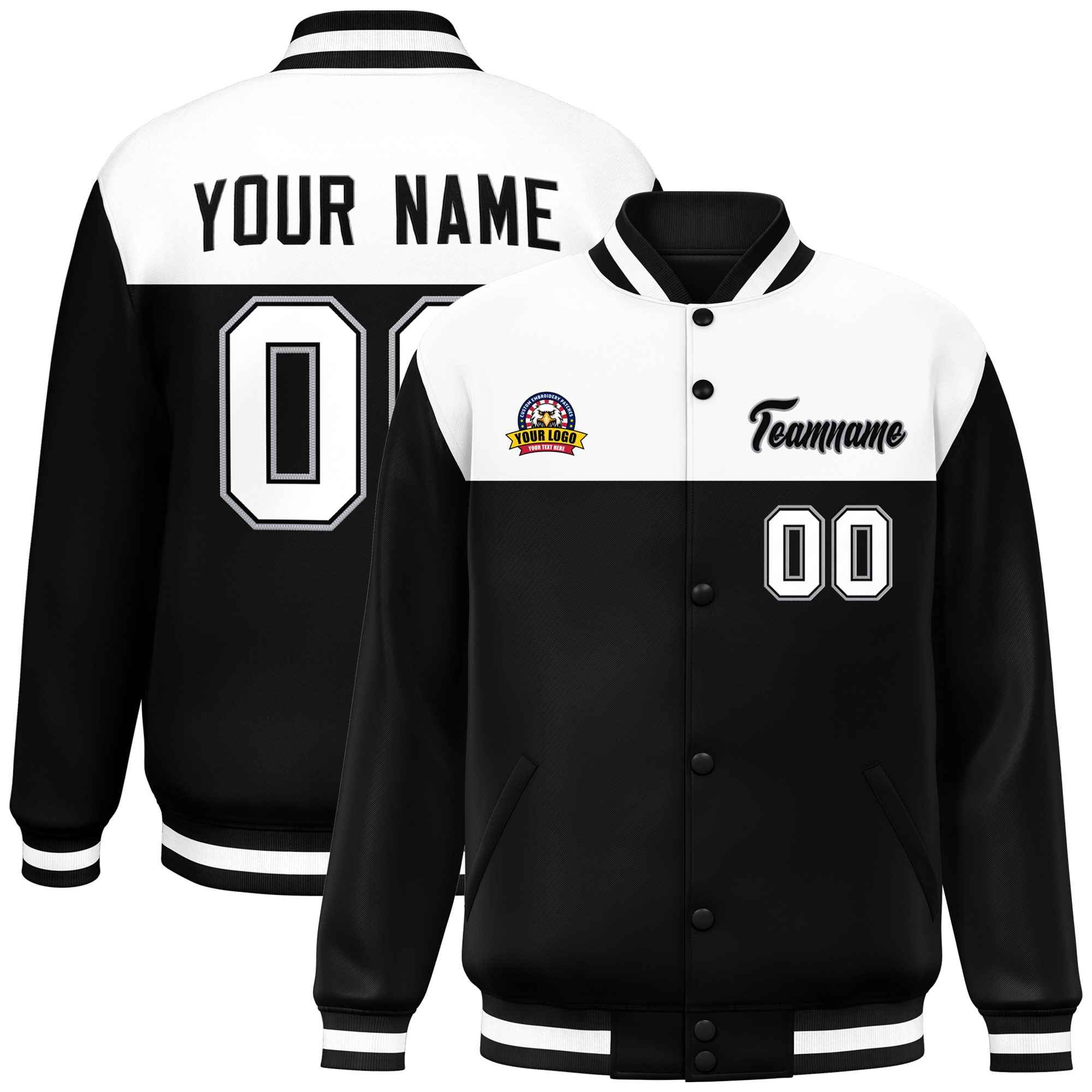 Custom White Black-Gray Varsity Full-Snap Color Block Lettermen Baseball Jacket