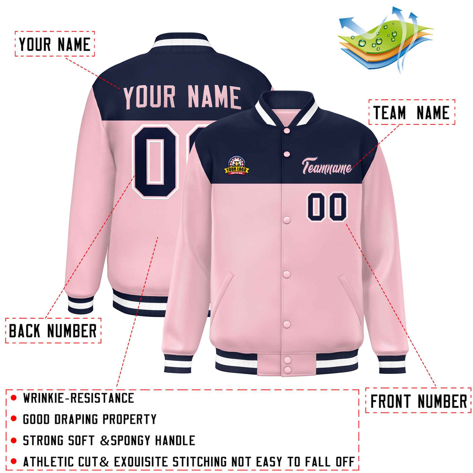 Custom Navy Pink-White Varsity Full-Snap Color Block Lettermen Baseball Jacket