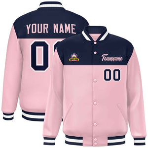 Custom Navy Pink-White Varsity Full-Snap Color Block Lettermen Baseball Jacket