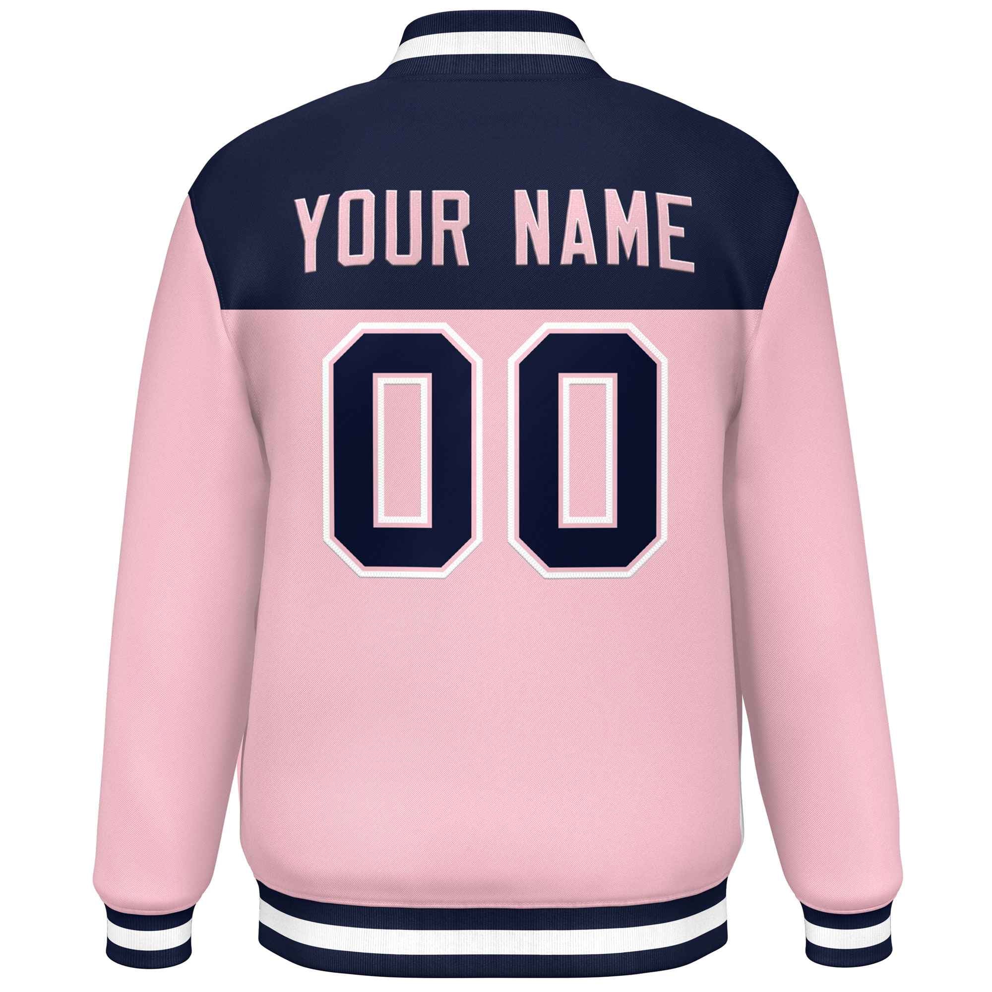 Custom Navy Pink-White Varsity Full-Snap Color Block Lettermen Baseball Jacket