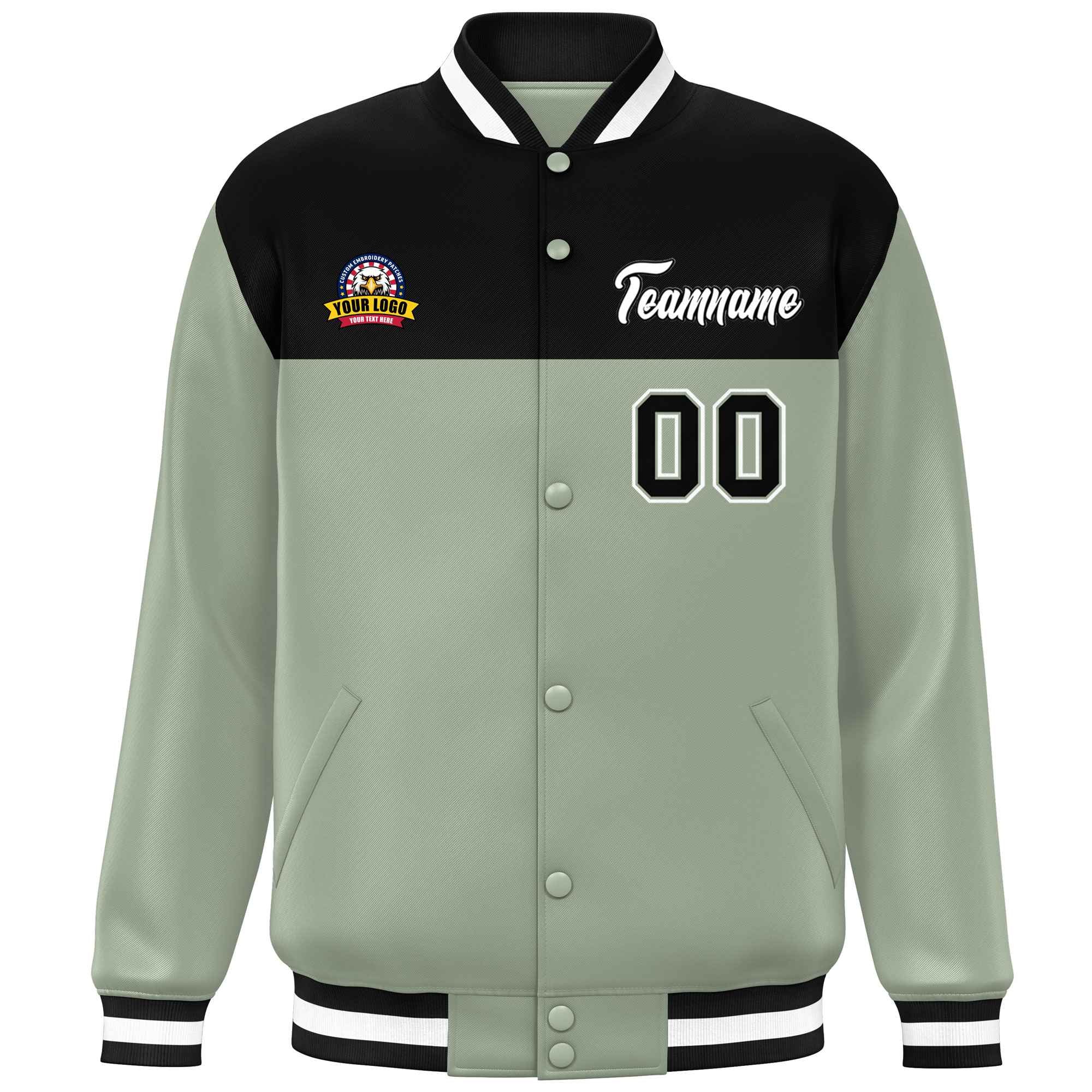 Custom Black Green-White Varsity Full-Snap Color Block Lettermen Baseball Jacket