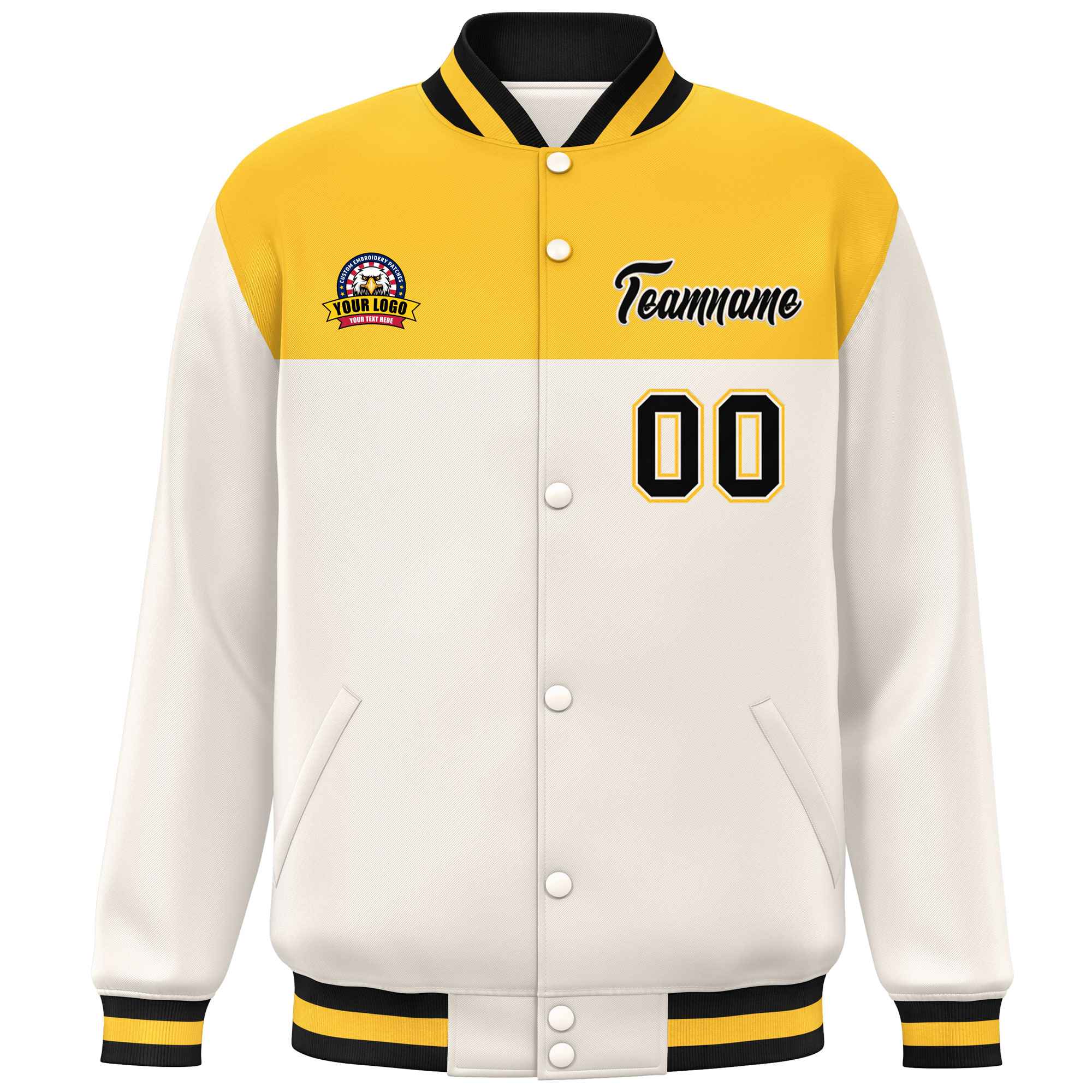 Custom Gold Cream-Black Varsity Full-Snap Color Block Lettermen Baseball Jacket