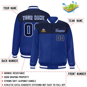 Custom Navy Royal-White Varsity Full-Snap Color Block Lettermen Baseball Jacket