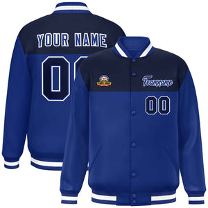 Custom Navy Royal-White Varsity Full-Snap Color Block Lettermen Baseball Jacket