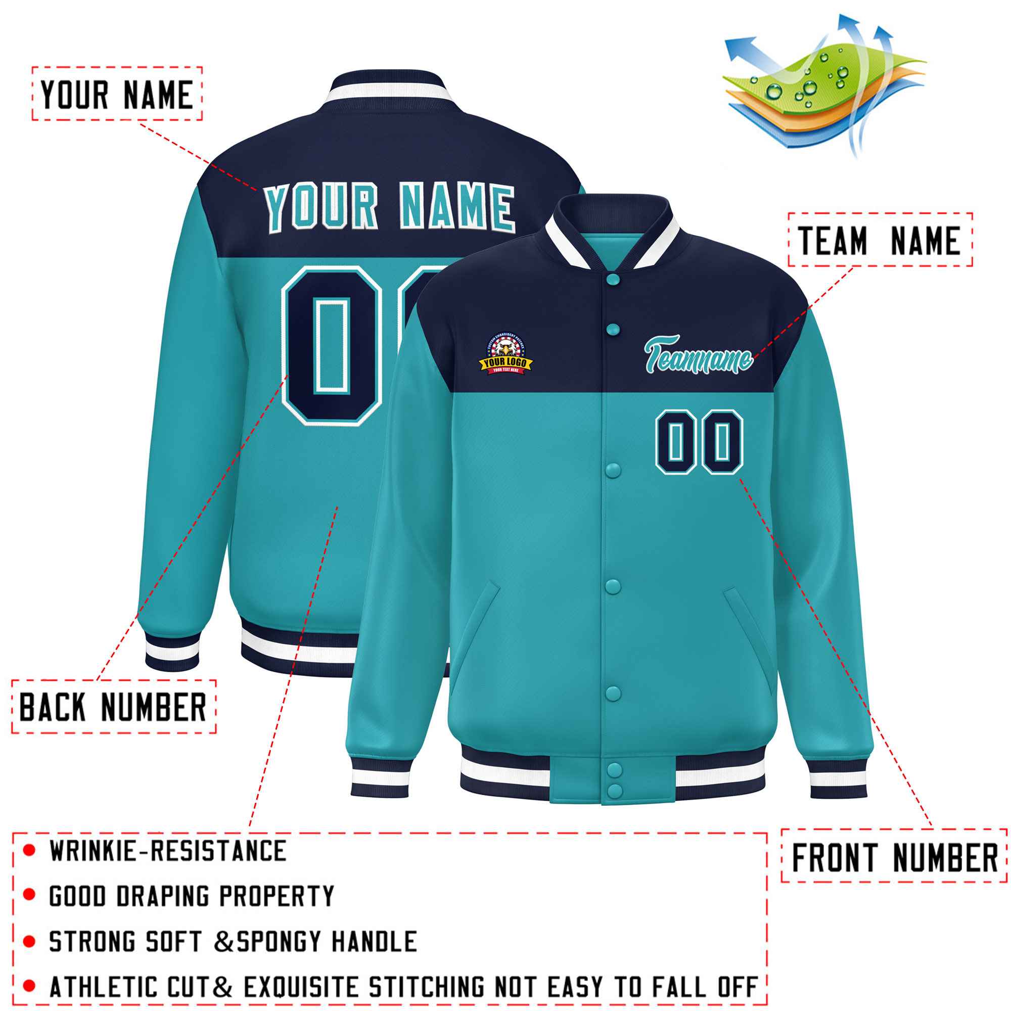 Custom Navy Aqua-White Varsity Full-Snap Color Block Lettermen Baseball Jacket