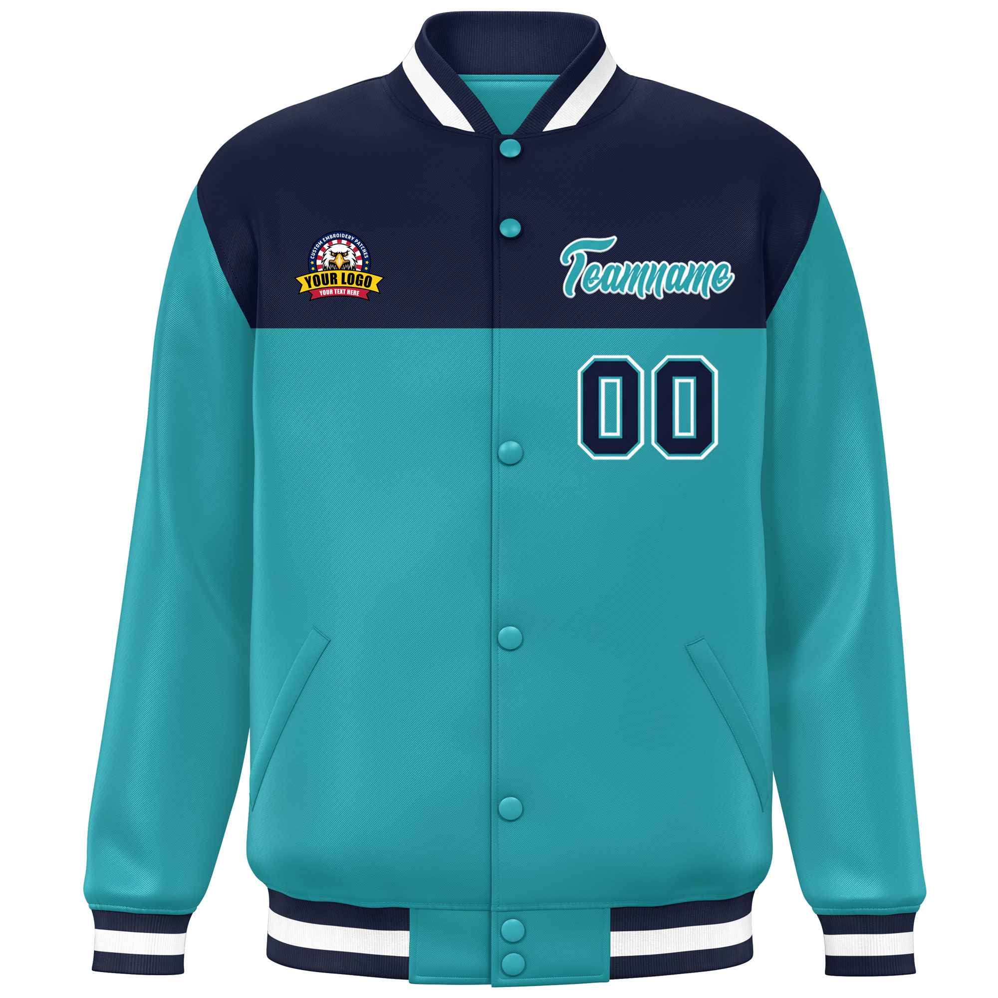 Custom Navy Aqua-White Varsity Full-Snap Color Block Lettermen Baseball Jacket