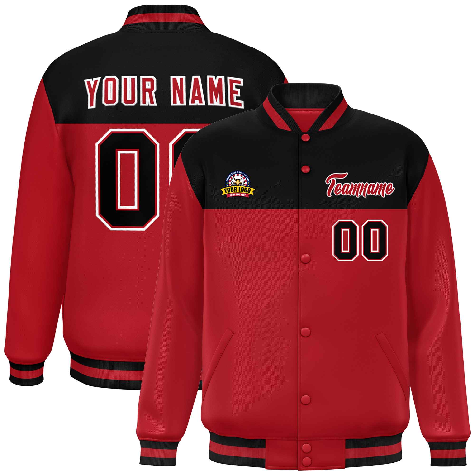 Custom Black Red-White Varsity Full-Snap Color Block Lettermen Baseball Jacket