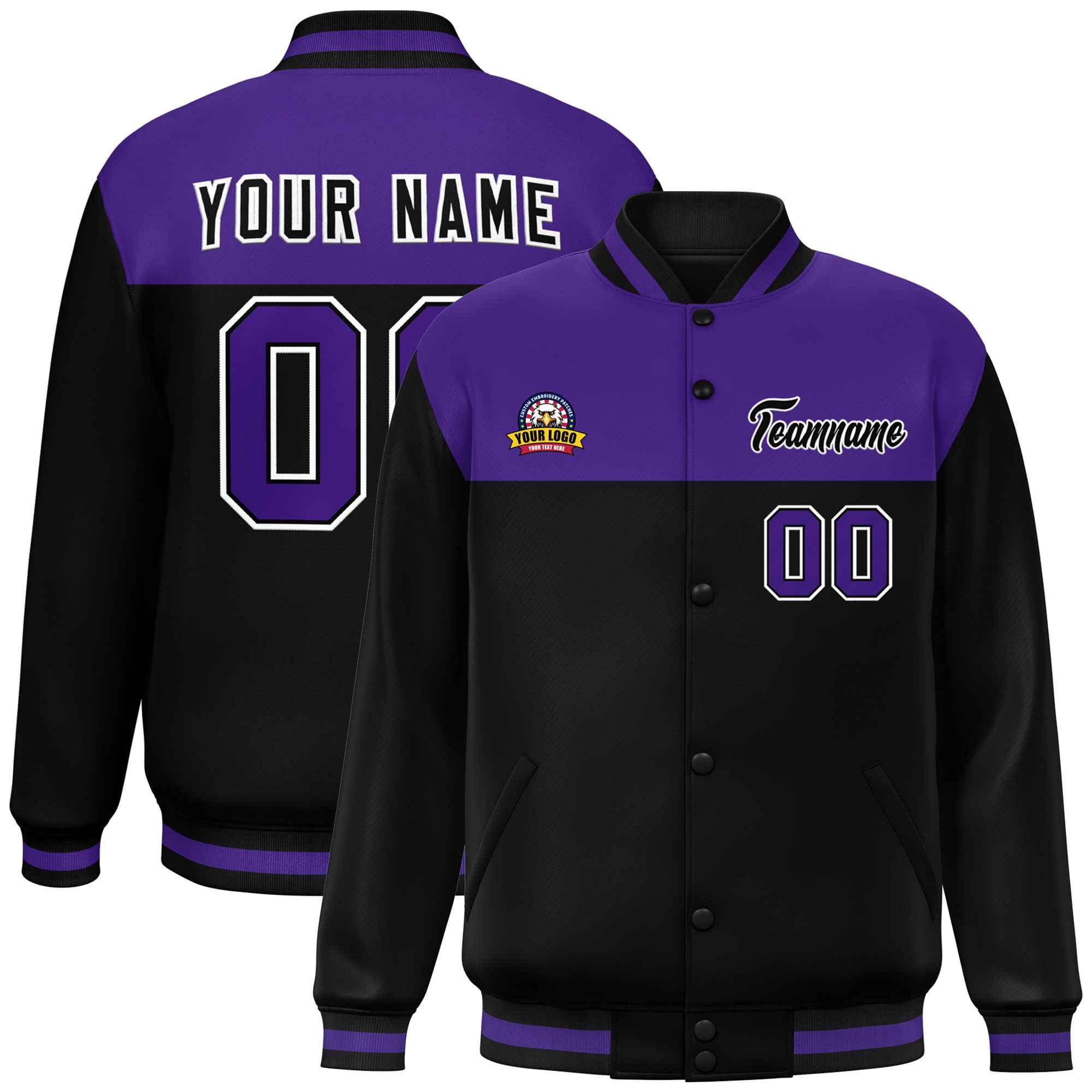 Custom Purple Black-White Varsity Full-Snap Color Block Lettermen Baseball Jacket