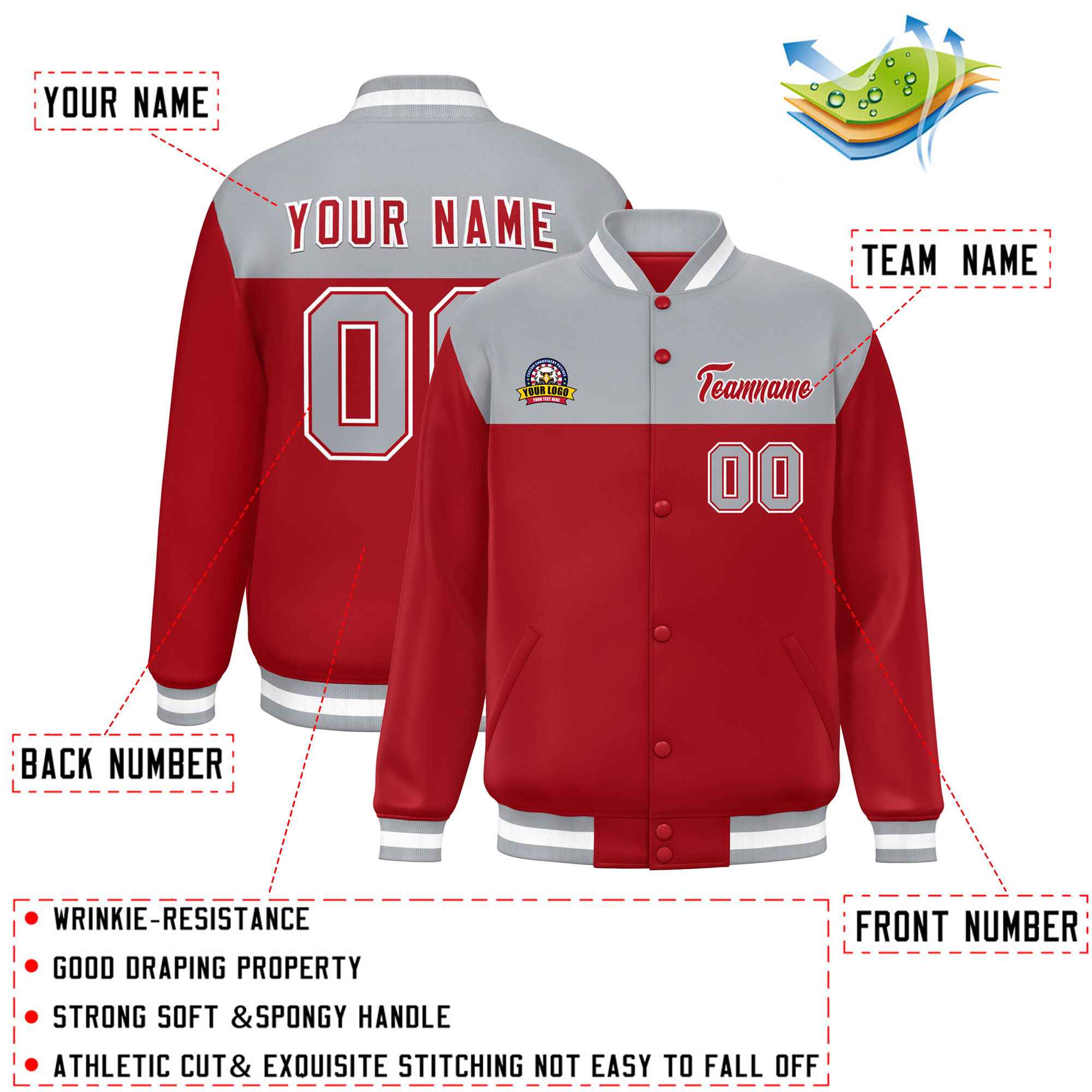 Custom Gray Red-White Varsity Full-Snap Color Block Lettermen Baseball Jacket